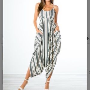 Ivory and sage stripe pocket harem jumpsuit.